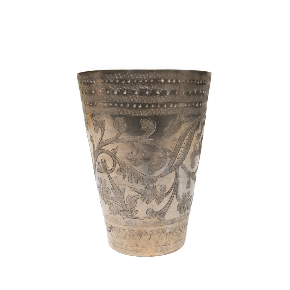 Vintage Etched Metal Lassi Cup Floral Pattern 4"